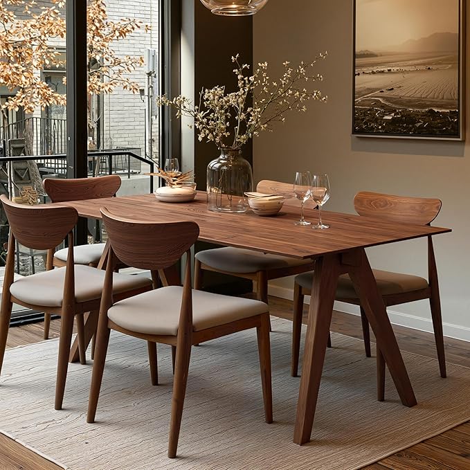 Acanva Farmhouse Rectangular Dining Table for 6 People, Modern Mid-Century Walnut Kitchen Dinner Tables Furniture, Natural Walnut