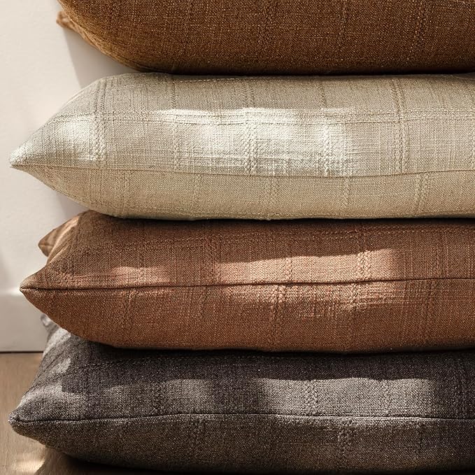 Foindtower Set of 2 Decorative Linen Check Throw Pillow Covers Neutral Farmhouse Vintage Cushion Covers Modern Boho Home Decor for Sofa Chair Couch Bedroom Living Room,22×22 Inch,Autumnal Red