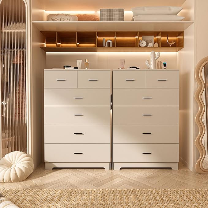 FJTJBSI Dresser with Power Outlets Wooden 6 Drawer Dresser with Large Organizer White Tall Storage Organizer with Smooth Metal Rail Modern Chest of Drawers Closet for Bedroom Hallway