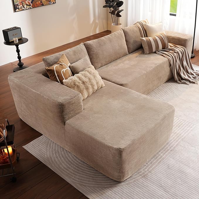ovios 104" Cloud Boneless Couch with L-Shape Chaise,Modern Sectional Modular Sofa with Deep Seat, Upholstered Couches for Living Room Bedroom,No Assembly Required, Camel (Corduroy Fabric)