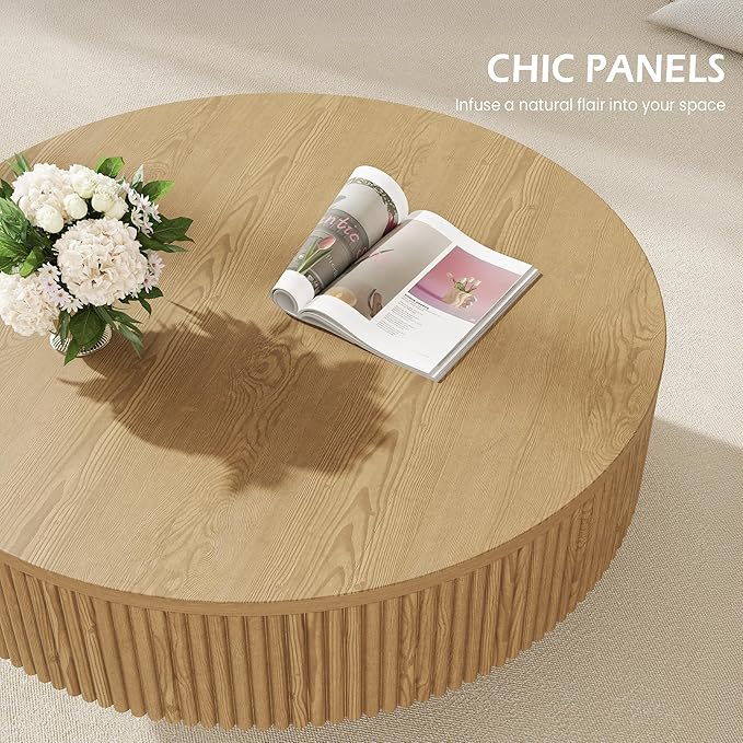 YOUDENOVA 35” Round Fluted Coffee Table, Modern Wood Circle Coffee Table, Veneer Handcrafted Relief Tea Table with Sturdy Pedestal for Living Room, Easy Assembly - Natural