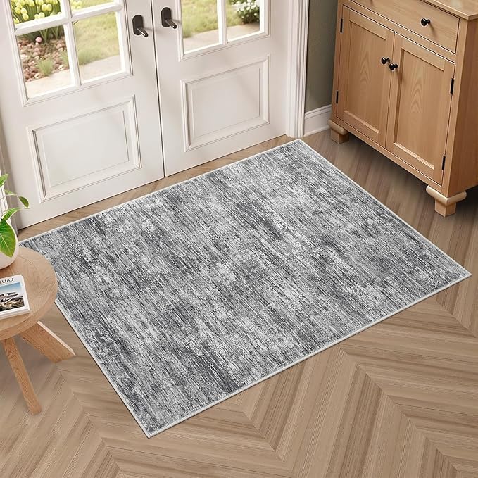 RUGSREAL Small Area Rug 2x3 Entryway Mat with Rubber Backing Stain Resistant Throw Carpet Modern Solid Color Bath Mat Contempowary Washable Rug for Living Room Bedroom Dining Room Kitchen, Ivory/Grey