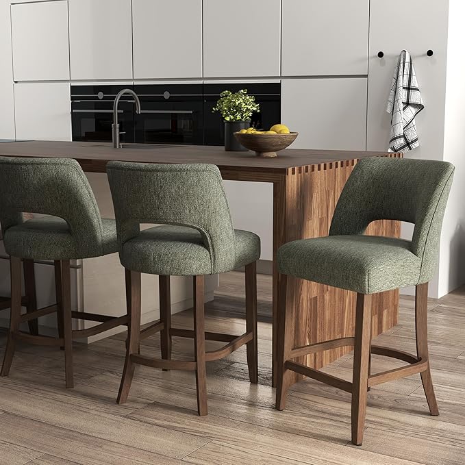 VKNOW Bar Stools Set of 6, 26" Upholstered Counter Height Bar Stools, Modern Counter Stools with Wood Legs for Kitchen Island Dining Room Bar, Green