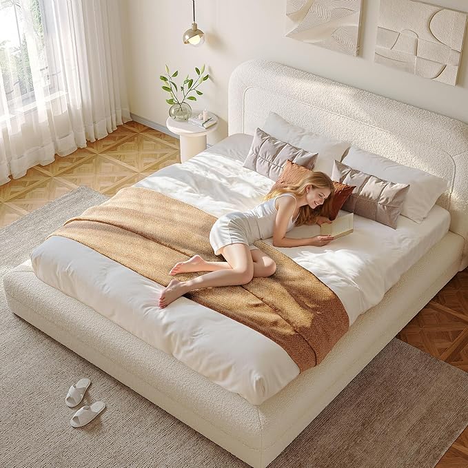 Homkdom Full Bed Frame with Headboard, Upholstered Cloud Bed Frame, Anti-Collision Soft Rounded Corners, Boucle Platform Bed for Modern Bedrooms, Apartments, Guest Rooms, No Box Spring Needed,Beige