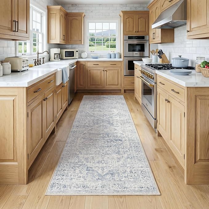 FMFUNCTEX 2x6 Runner Rug Blue Vintage Neutral Washable Distressed Oriental Non Slip Low Pile Indoor Carpet Retro Hallway Entryway Rug for Kitchen Living Room Bedroom Bathroom Laundry Entry Bedside