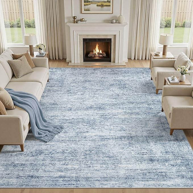 cotiled Large Area Rugs for Living Room 9x12, Machine Washable Rugs with Non Slip Backing Modern Neutral Abstract Rugs Stain Resistant Distressed Carpets for Home Office Decor (9x12 Blue)