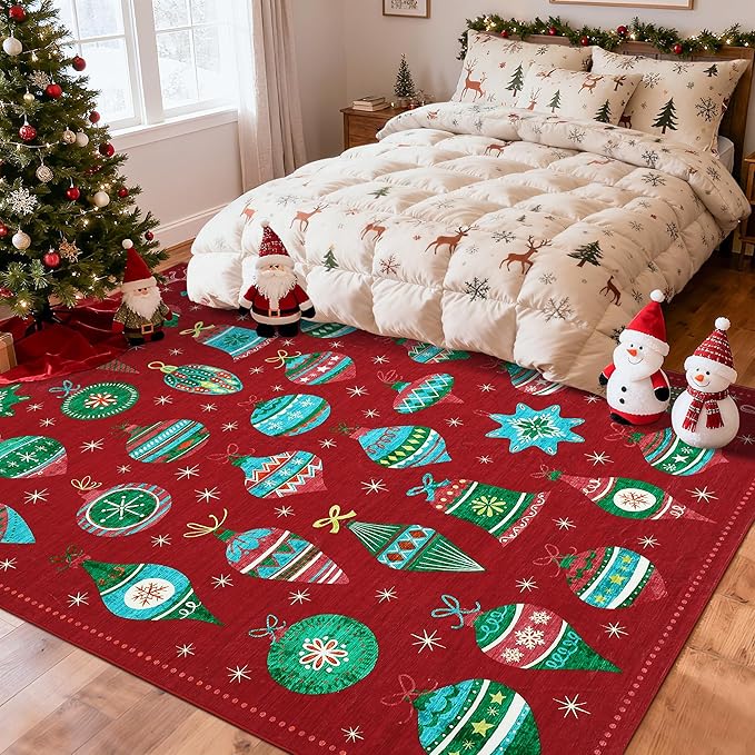 Christmas Area Rug 8x10 Bedroom Living Room Rugs Colorful Christmas Ball Washable Rug Soft Boho Bohemian Farmhouse Rug Indoor Floor Carpet for Bedroom Under Dining Table Home Office Decor，Red