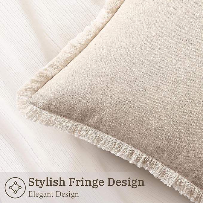 decorUhome Decorative Linen Fringe Throw Pillow Covers 18x18 Set of 2, Cozy Boho Farmhouse Cushion Cover with Tassels Soft Accent Pillowcase for Couch Sofa Bed Living Room, Ecru