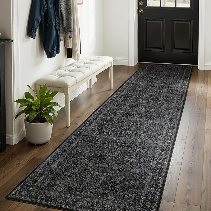 Dark 2'6''x8' Kitchen Runner Rug, Vintage Farmhouse Carpet Runners for Hallway 8ft Non Slip Washable, Low Pile Thin Entryway Runner Rug Indoor Foyer Mudroom Bathroom Bedroom, Midnight