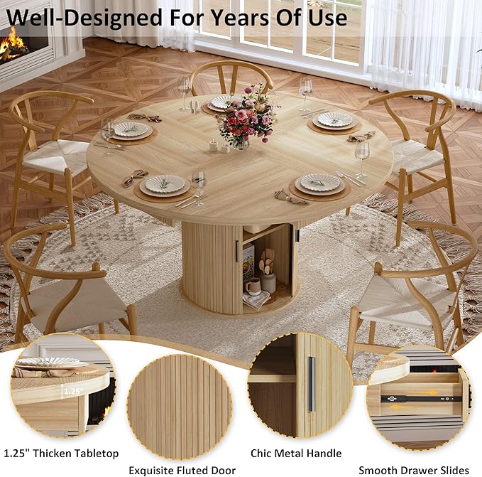 HUAHUU 47.2" Round Dining Table for 4-6, Modern Kitchen Table with 4 Drawers and 2-Tier Storage Shelf, Wooden Circle Dining Tables with Fluted Base & Sliding Door for Home Kitchen Living Room, Natural