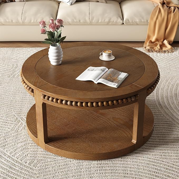 31.5" Round Wood Coffee Table, 2 Tier Modern Center Table,Solid Wood+MDF, Easy Assembly, Accent Table for Living Room, Apartment, Small Space. (Walnut)