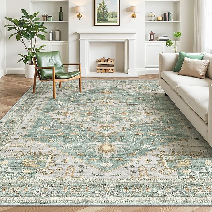 Area Rugs for Living Room - 6x9, Boho Non-Slip Low Pile Carpet Machine Washable Rugs for Bedroom, Farmhouse, Office, Dining Room (Green)