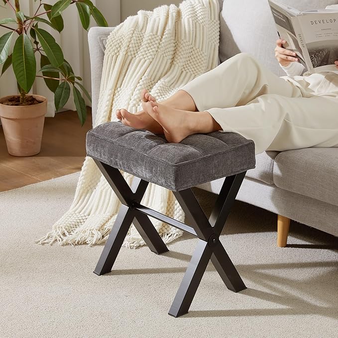 Royal Windsor Vanity Stool,Square Ottoman Stool Foot Rest,Upholstered Vanity Chair Foot Stool with Metal X Legs, Small Vanity seat for Entryway,Bedroom and Living Room,Linen Dark Grey