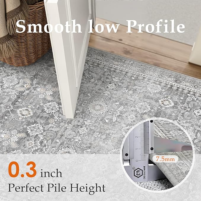 5x7 Grey Modern Washable Area Rug for Living Room Distressed Floral Non Slip Throw Rug Indoor Low Pile Carpet Accent Stain Resistance Bedroom Playroom Office Classroom Nursery
