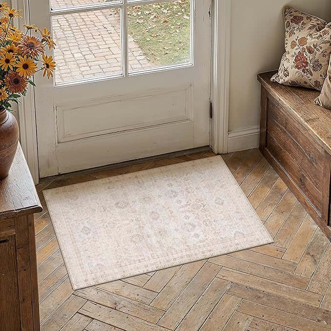2x3 Washable Neutral Area Rug for Entryway Beige Non Slip Soft Thin Throw Rug Floral Durable Low Pile Carpet Modern Stain Resistant Door Mat for Living Room Laundry Kitchen Office Playroom