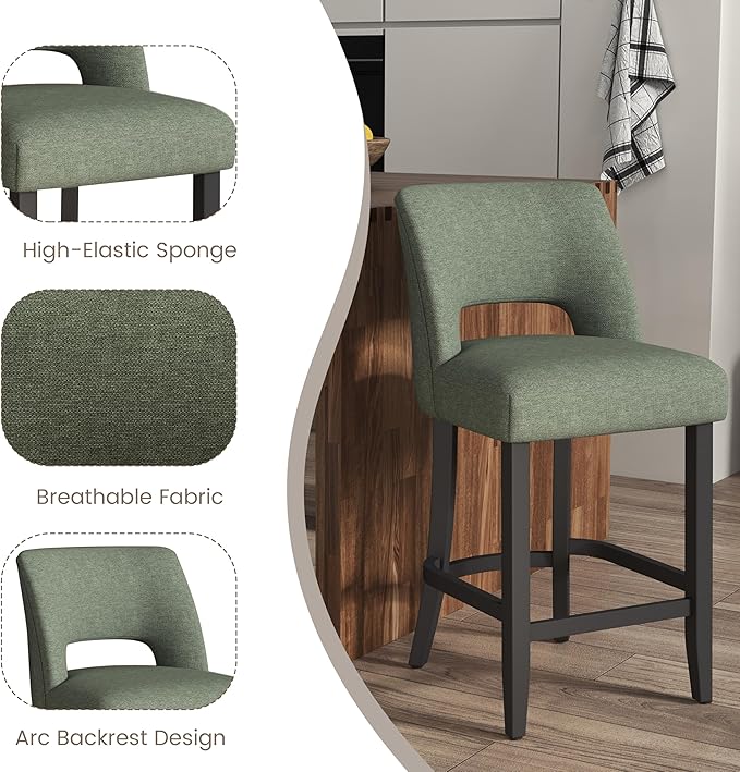 VKNOW Bar Stools Set of 6, 26" Upholstered Counter Height Bar Stools, Modern Counter Stools with Black Legs for Kitchen Island Dining Room Bar, Green-Black Legs