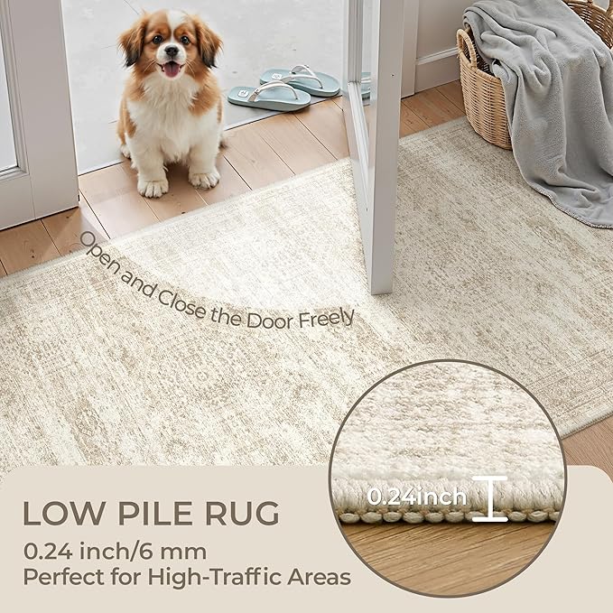 2x5 Rug Runner Washable for Entryway, Soft Bathroom Rugs with Non-Slip Backing, Abstract Low Pile Hallway Runner, Vintage Small Kitchen Carpet for Stair, Laundry Room(2'x5', Beige/Ivory)