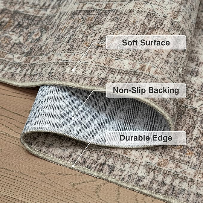 FMFUNCTEX 4x5 Washable Area Rug Neutral Vintage Taupe Non Slip Low Pile Traditional Indoor Carpet for Entryway Living Room Bedroom Soft Retro Floral Mat Throw Rug for Dining Office Kitchen Entryway