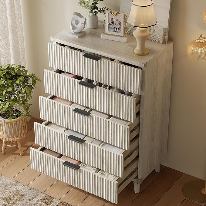 Lulive Dresser for Bedroom Wood Tall Dressers Drawers, Fluted Modern Dresser 5 Drawers (White Oak)