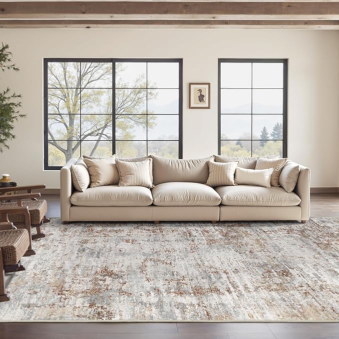 Art&Tuft 9x12 Area Rugs, Stain Resistant Abstract Area Rugs 9x12 Living Room, Foldable Large Washable Area Rug(9'x12', Rust)