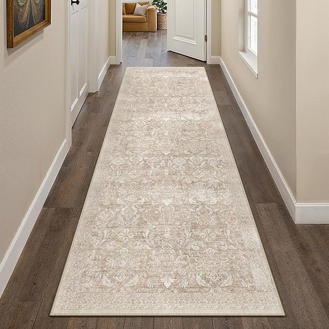 PureCozy 2x8 Runner Rug Washable Beige Vintage Hallway Kitchen Carpet Indoor Non Slip Small Low Plie Thin Bedroom Bathroom Rug Retro Accent Throw Dining Living Room