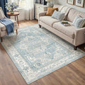 4x6 Washable Vintage Area Rug Blue Oriental Soft Entryway Throw Rug Neutral Non Slip Low Pile Small Carpet for Kitchen Bathroom Living Room Bedroom
