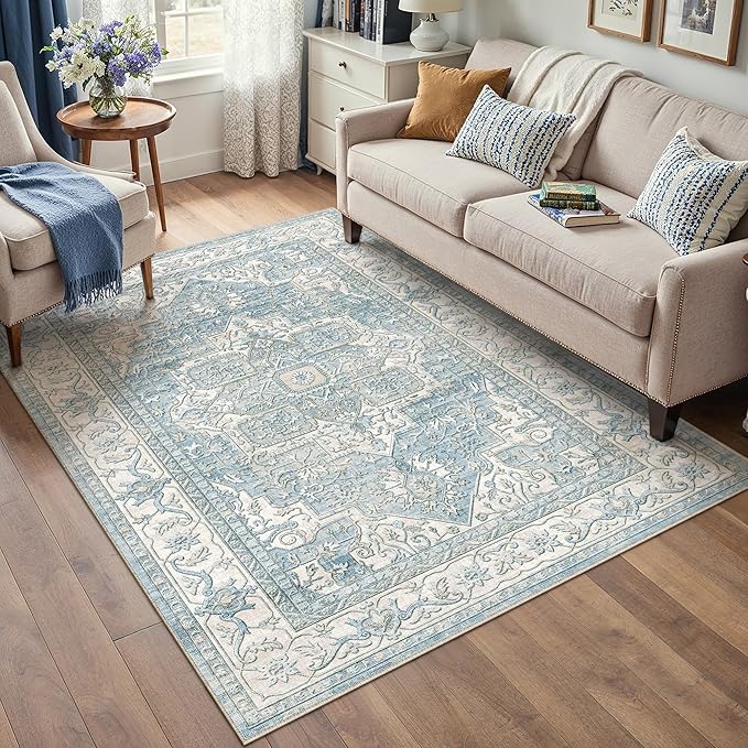 5x7 Washable Vintage Area Rug Blue Oriental Living Room Bedroom Throw Rug Neutral Non Slip Soft Low Pile Carpet for Dining Room Office Nursery Indoor