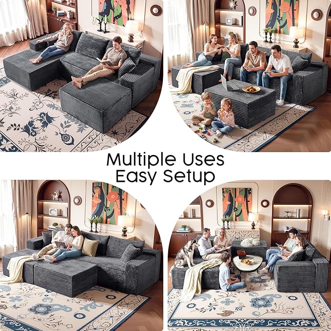 Grey Sectional Couch with Ottoman, 108" Cloud Modular Couch for Living Room, Modern U-Shaped Sofa, No Assembly Required - Plush Corduroy Fabric & Deep Seat Comfort (Right Facing Chaise)