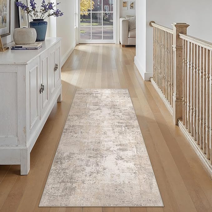2x6 Washable Runner Rug Beige Grey Abstract Non Slip Soft Low Pile Hallway Kitchen Rug Neutral Modern Carpet for Laundry Bathroom Bedroom Living Room Home Decor