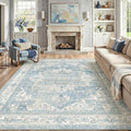 9x12 Washable Vintage Area Rug Blue Oriental Living Room Bedroom Throw Rug Neutral Non Slip Soft Low Pile Carpet for Dining Room Office Nursery Indoor