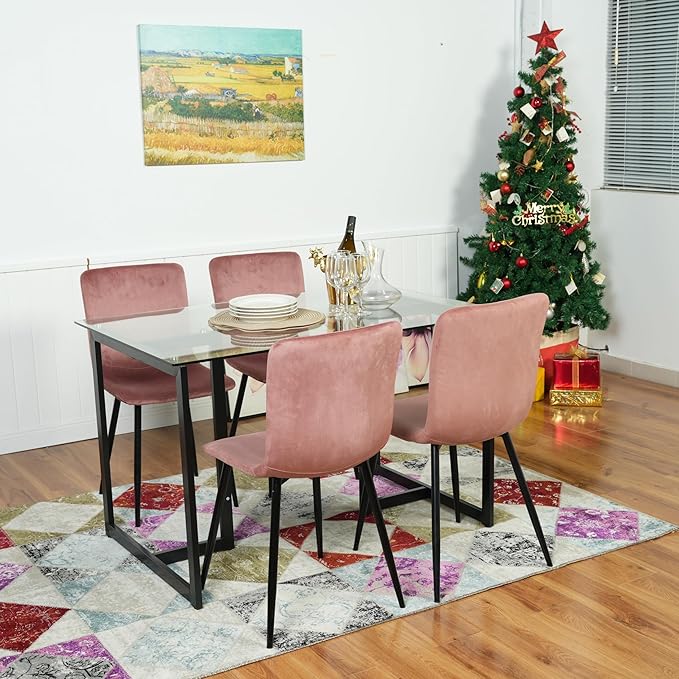 FurnitureR Scandinavian Dining Chairs Set of 4, Comfy Side Chair with Velvet Seat Sturdy Metal Legs for Kitchen Living Bed Room, Rose