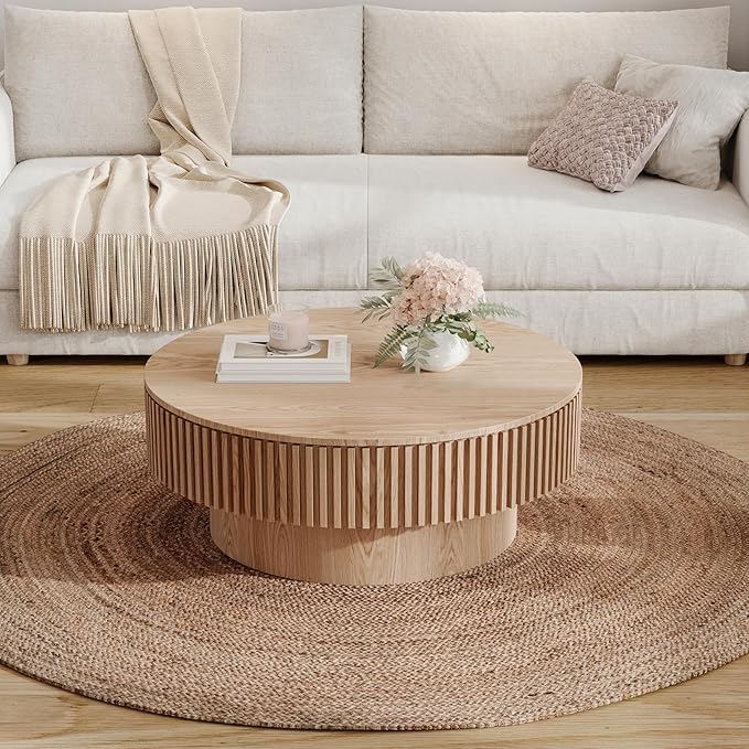 Round Coffee Table with Storage, Modern Handcraft Drum Coffee Table Wood Circle Center Table for Living Room Apartment, 31.49" Oak