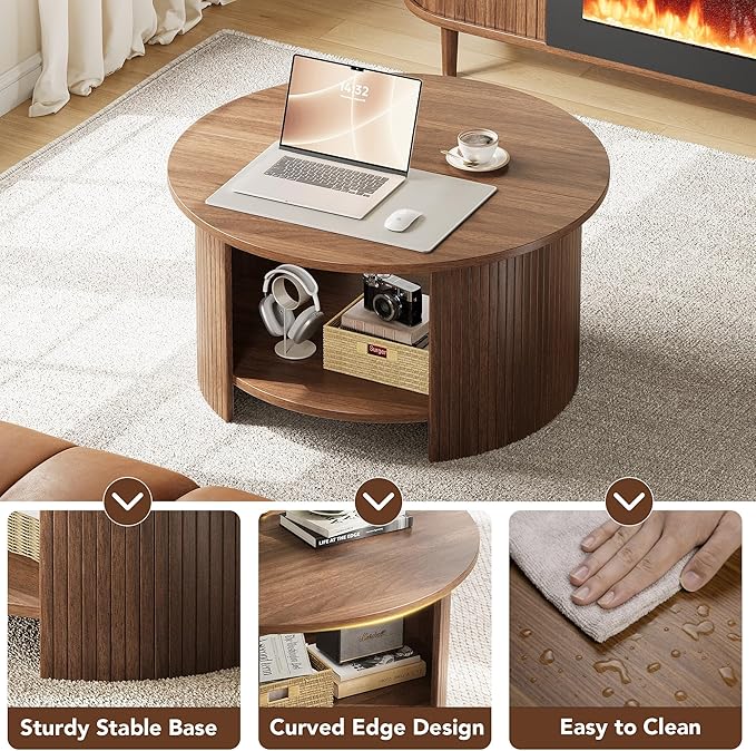 Round Coffee Table with Storage, 31.5" Modern Fluted Center Table, 2-Tier Mid Century Coffee Table, Wood Circle Table for Living Room, Home Office, Small Space, Walnut