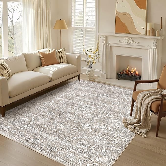 6x9 Area Rug Living Room: Washable Large Vintage Grey Rug Neutral Non-Slip Soft Stain Resistant Indoor Carpet for Bedroom Nursery Dining Room Under Table Bed Home House Office Playroom - Light Brown