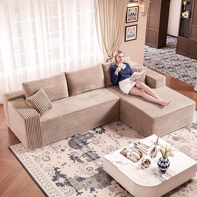 Camel L-Shaped Sectional Sofa - 108" Modular Cloud Couch with Chaise, Luxurious Camel Fabric, Deep Seat Design, No Assembly Required (Left Facing Chaise)