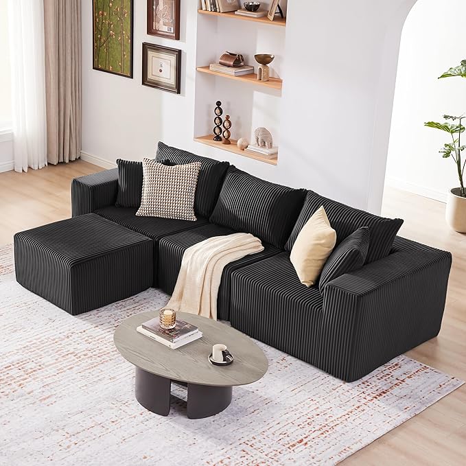 Weture 107.4" Cloud Couch Sectional, Modular Sofa with Deep Seat, Plush Corduroy L Shaped Boneless Couch, Convertible Sectional Couches for Living Room, 4Seat, Black