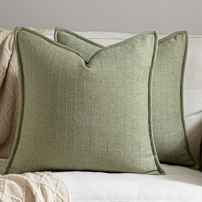 DEZENE 16x16 Linen Pillow Covers Sage Green Pack of 2 Farmhouse Boho Neutral Accents Striped Textured Square Decorative Throw Pillow Cases for Living Room Couch Bed Home Decor