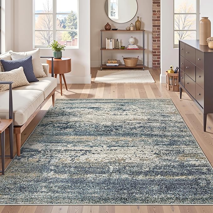 Art&Tuft Washable Rug 4x6, Anti-Slip Backing Abstract 4x6 Rug, Stain Resistant Rugs for Living Room, Foldable Machine Washable Area Rug (4'x6', Navy)