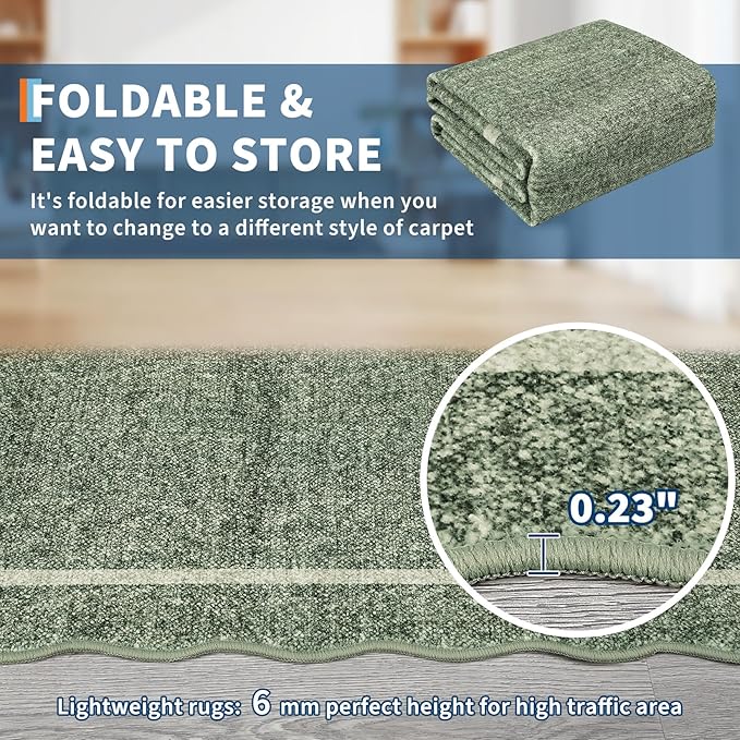 GarveeHome Scalloped Area Rug 4x6 - Washable Boho Bordered Non-Slip Entryway Rug, Neutral Farmhouse Living Room Rug Soft Throw Rugs for Entrance Hallway Bedroom Kitchen Nursery, Green