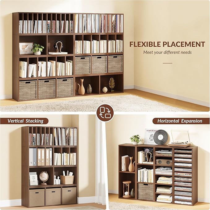 IOTXY DIY Modular Cube Bookcase - CubeXY Customizable Stackable Expandable Combination Set, 23-Cube Open Bookshelf for Books, Fabric Storage Bin, and 7/10-inch Vinyl Record Organizer, Walnut
