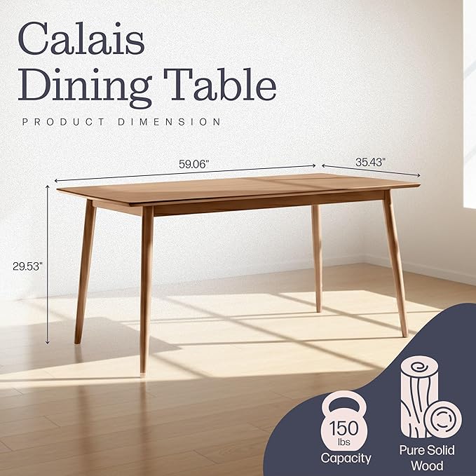 Alaterre Furniture Calais Dining – Mid Century Modern 59-Inch Rectangular Dining Table for 4 – Solid Wood Kitchen and Dining Room Table with Minimalist Design (Warm Pecan Finish)