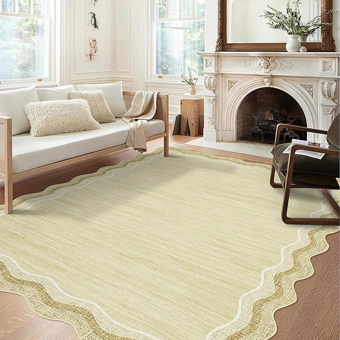Garvee Scalloped 5x7 Rugs Washable Area Rugs for Living Room,Modern Stain Resistant Solid Rug for Bedroom Kids Room, Scalloped Low Pile Non-Slip Neutral Rug for Dining Room Home Office Dorm,Beige
