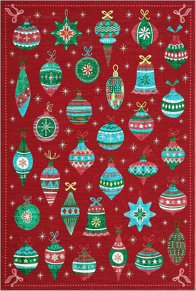Christmas Area Rug 8x10 Bedroom Living Room Rugs Colorful Christmas Ball Washable Rug Soft Boho Bohemian Farmhouse Rug Indoor Floor Carpet for Bedroom Under Dining Table Home Office Decor，Red