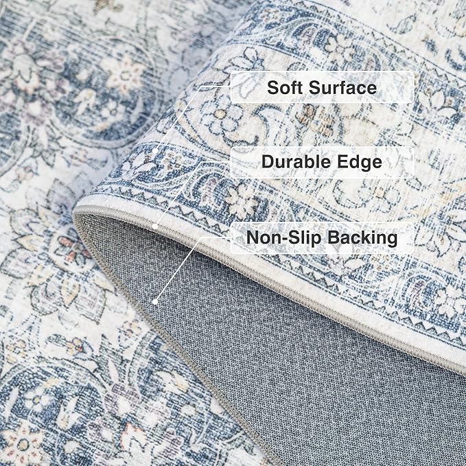 FMFUNCTEX 6x9 Blue Washable Area Rug Vintage Distressed Oriental Non Slip Low Pile Neutral Indoor Carpet for Living Room Bedroom Soft Retro Floral Thin Large Rug for Dining Nursery Office Dorm