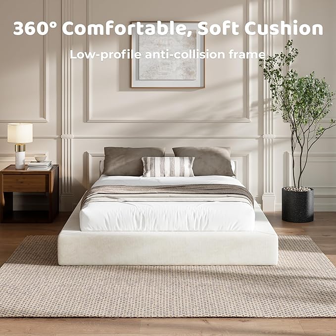 RECCI AirFrame Full Size Bed Frame, Cloud Upholstered Platform Bed Frame, 5 Inch Fully Boxy Foam Cushioned, Square Shape Base, No Box Spring Needed, Easy Assembly | Beige Chenille, Soft Low-Profile