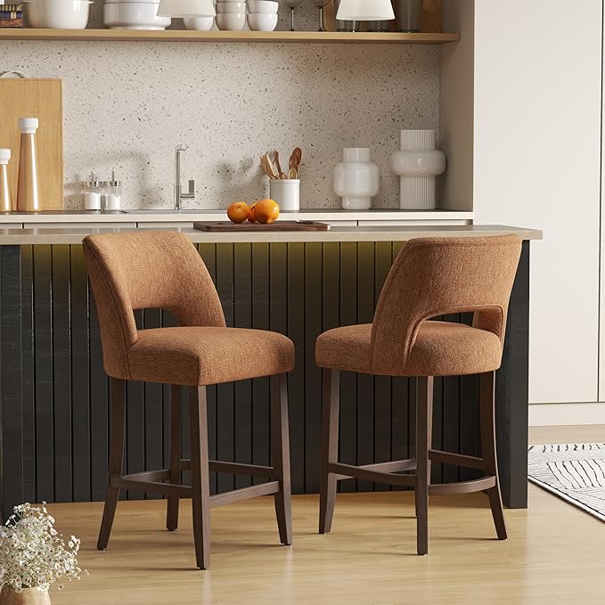 VKNOW Bar Stools Set of 2, 26" Upholstered Counter Height Bar Stools,Modern Counter Stools with Wood Legs for Kitchen Island Dining Room,Orange