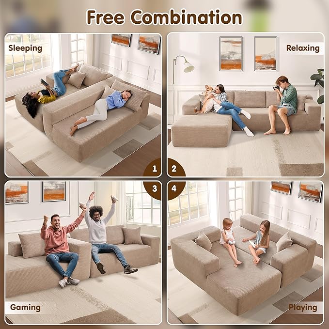 ovios 104" Cloud Boneless Couch with L-Shape Chaise,Modern Sectional Modular Sofa with Deep Seat, Upholstered Couches for Living Room Bedroom,No Assembly Required, Camel (Corduroy Fabric)