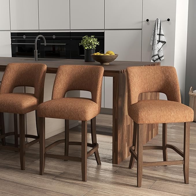 VKNOW Bar Stools Set of 2, 26" Upholstered Counter Height Bar Stools,Modern Counter Stools with Wood Legs for Kitchen Island Dining Room,Orange