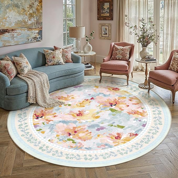 8x8 Washable Area Rug Blue Living Room Bedroom Floral Throw Rug Abstract Modern Non Slip Soft Low Pile Large Carpet for Dining Room Office Nursery Indoor