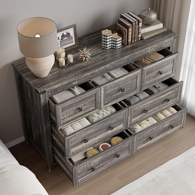 BORNOON 7-Drawer Dresser, Modern Wooden Storage Chest of Drawers, Dresser TV Stand, Wood Drawer Organizer with Metal Handles for Bedroom, Living Room, Hallway